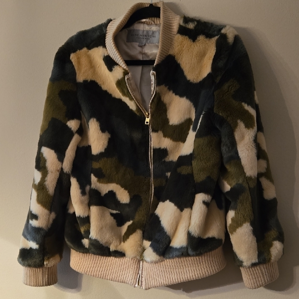 Marc New York-Cream, Green, and Brown.Bomber Jacket with Plush Texture with Camo